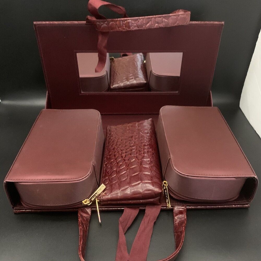 NEW Vintage Estee Lauder Burgundy Hard Makeup Travel Case Alligator Style Trim